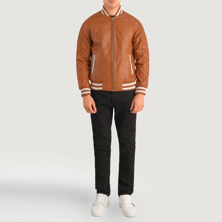 Mens Pascal Tan Brown Leather Varsity Jacket Full Length-2-1704124673031